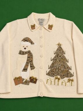 Vintage Victoria Jones Embroidered Holiday Bear & Tree Button-Front Cardigan
